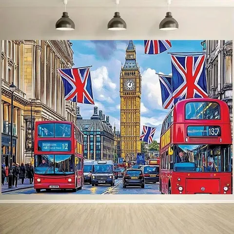 British Style London Street Scene Photography Backdrop Retro Big Ben Red Bus UK Flag Party Decor Polyester Tapestry Wall Hanging