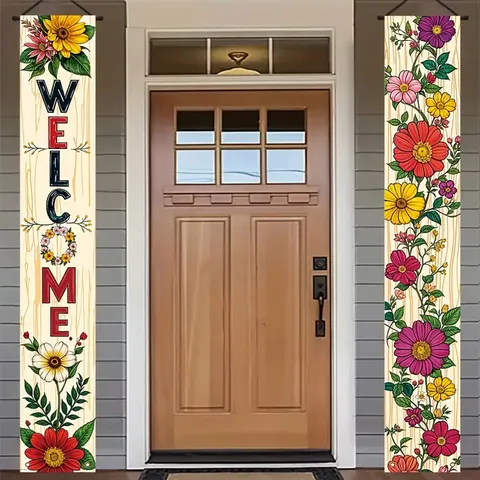 Benvenuto Striscione per Portico Colorato Pastorale Stampa Floreale Poliestere Decorativo Esterno Cartello Appeso Set Per Porta D'ingresso Giardino