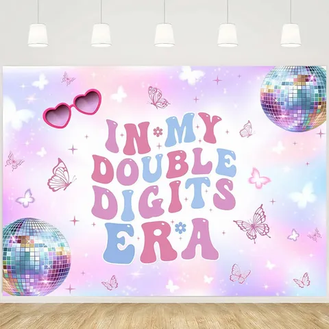 In My Birthday Era Thema Verjaardagsfeest Fotografie Achtergrond Roze Blauw Verloop Polyester Banner Met Discobal Gitaar Notitie Elementen Decor