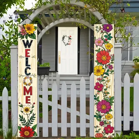 Benvenuto Striscione per Portico Colorato Pastorale Stampa Floreale Poliestere Decorativo Esterno Cartello Appeso Set Per Porta D'ingresso Giardino