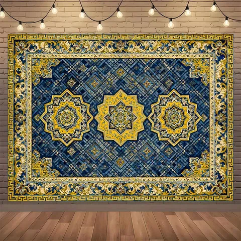 Fond de Photographie Royal Rétro Bleu Or Style Palais Motif Floral Fond en Polyester pour Fête Studio Décoration Murale Maison