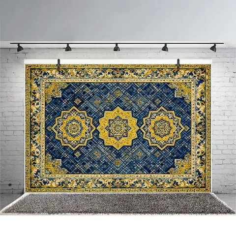Fond de Photographie Royal Rétro Bleu Or Style Palais Motif Floral Fond en Polyester pour Fête Studio Décoration Murale Maison