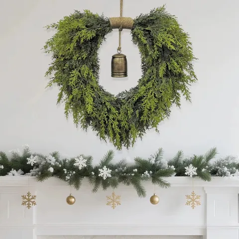Künstlicher Herzförmiger Kranz Mit Weihnachtsglocke Hanfseil Rustikales Grün Wandbehang Für Zuhause Feiertagsdekoration