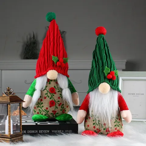 Cute Christmas Cherry Gnome Faceless Doll Ornament Red Green Knitted Hat Standing Gnome Plush Old Man Figurine For Desktop Home Holiday Decor