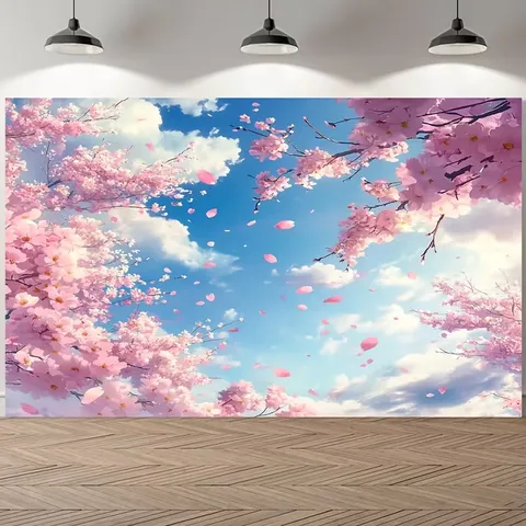 Fond de Photographie de Fleur de Cerisier Rose Ciel Printanier Rêveur Toile de Fond pour Thé Party Portrait Studio Décoration Murale