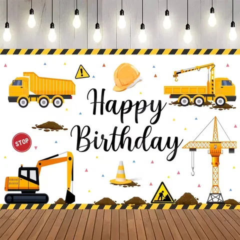 Cartoon Bouwvoertuig Verjaardag Fotografie Achtergrond Graafmachine Kraan Vrachtwagen Thema Feestversiering Voor Kinderen Polyester Muurkleed