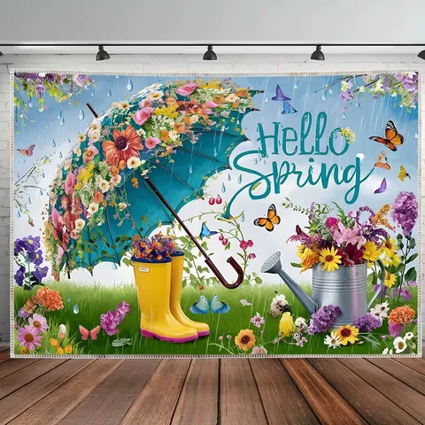 Hello Spring Theme Photography Background Cloth Floral Umbrella Rain Boots Butterflies Pattern Printed Polyester Backdrop For Spring Party Photo Studio Decoration