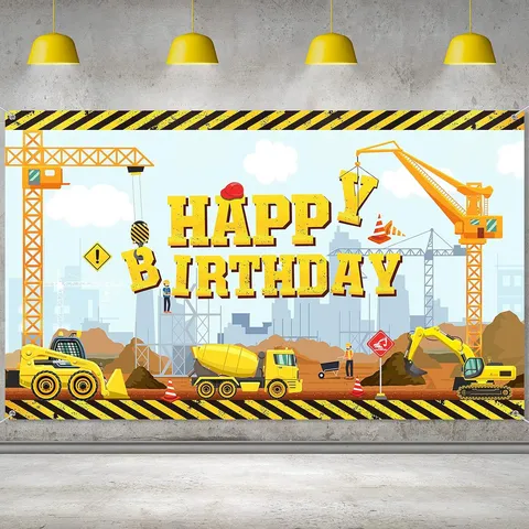 Cartoon Bouwvoertuig Verjaardag Fotografie Achtergrond Graafmachine Kraan Vrachtwagen Thema Feestversiering Voor Kinderen Polyester Muurkleed