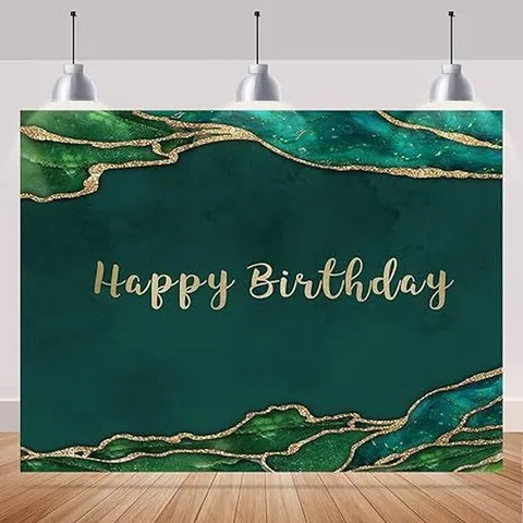 Sfondo Fotografico Buon Compleanno in Poliestere Stampato Verde Scuro Marmo Foglia d'Oro Decorazione per Festa di Compleanno Telo da Parete