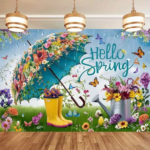 Hello Spring Theme Photography Background Cloth Floral Umbrella Rain Boots Butterflies Pattern Printed Polyester Backdrop For Spring Party Photo Studio Decoration