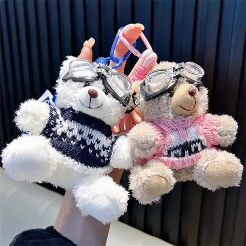 Trendy Plush Pilot Bear Keychain With Goggles And Knit Sweater Cartoon Animal Bag Pendant For Couples Friends Gift