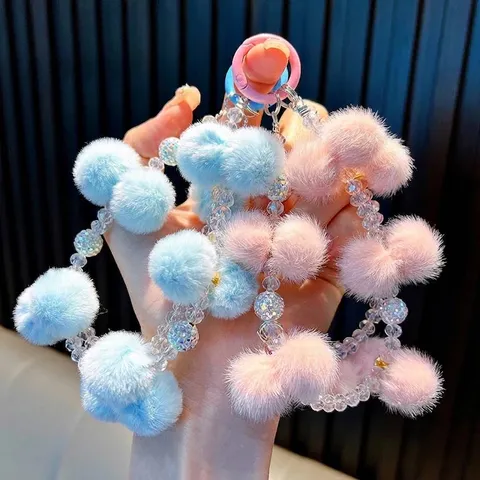 Handmade Beaded Plush Pompom Phone Strap Keychain Women Bag Charm Acrylic Rhinestone Beaded Keyring Autumn Winter Accessories