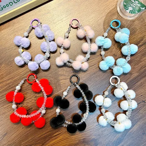 Handmade Beaded Plush Pompom Phone Strap Keychain Women Bag Charm Acrylic Rhinestone Beaded Keyring Autumn Winter Accessories