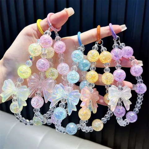 Catena per Telefono a Fiocco con Perline in Acrilico Ciondolo per Borsa Carino Portachiavi con Perline Effetto Crackle Regalo Donna