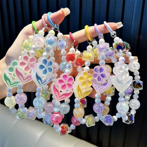 Luminous Flower Beaded Phone Strap Acrylic Cute Key Chain Hanging Ornament For Women Girl Backpack Bag Accessory Gift