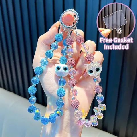Cartoon Cat Head Rhinestone Beaded Phone Chain Acrylic Crystal Beads Keychain Cute Bag Pendant For Women Girls Daily Jewelry Gift