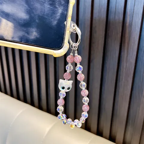 Cartoon Cat Head Rhinestone Beaded Phone Chain Acrylic Crystal Beads Keychain Cute Bag Pendant For Women Girls Daily Jewelry Gift