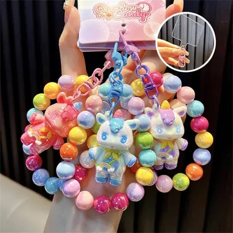 Cute Cartoon Beaded Unicorn Keychain Iridescent Beads Phone Charm Bag Pendant For Girls Key Ring Decoration Gift
