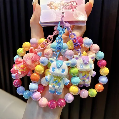 Cute Cartoon Beaded Unicorn Keychain Iridescent Beads Phone Charm Bag Pendant For Girls Key Ring Decoration Gift