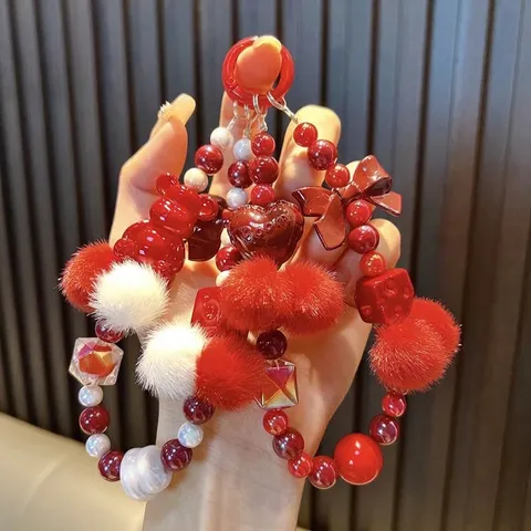 Schattig Kralen Pompon Sleutelhanger Ankora Rood Strik Ster Hart Acryl Tas Hanger Mobiele Telefoon Charm Sleutelring Cadeau