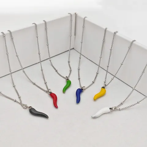 Stainless Steel Enamel Chili Pendant Necklace Italian Cornicello Horn Charm Beaded Chain Necklace For Women Personalized Fashion Jewelry Gift
