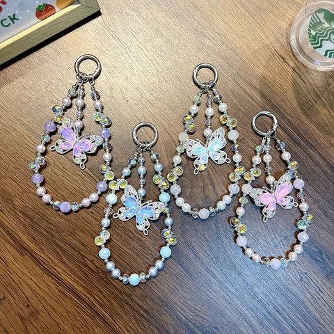 Crystal Butterfly Beaded Phone Lanyard Chain Aesthetic Butterfly Charm Keychain For Women Girls Phone Case Decoration