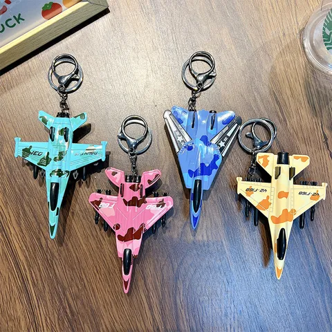 Alloy Camouflage Fighter Jet Model Keychain Creative Pull Back Airplane Toy Military Style Metal Aircraft Pendant Gift