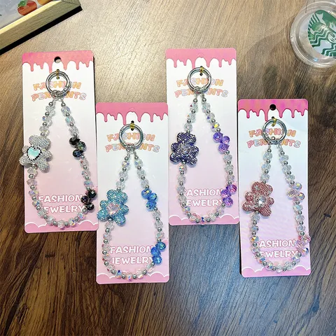 Rhinestone Heart Bear Beaded Phone Lanyard Acrylic Iridescent Crystal Bead Bag Charm Alloy Animal Pendant Mobile Keychain For Women Girls
