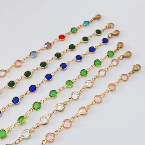 Stainless Steel Round Glass Stone Anklet Colorful Dopamine Style Foot Jewelry For Women Adjustable Minimalist Chain Accessory