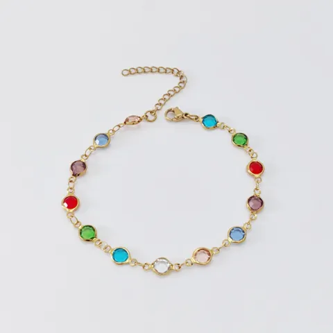 Stainless Steel Round Glass Stone Anklet Colorful Dopamine Style Foot Jewelry For Women Adjustable Minimalist Chain Accessory