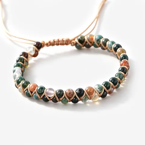 Bohemian Hand Woven Indian Agate Natural Stone Bead Bracelet Double Layer Adjustable Drawstring Bracelet Women Jewelry Gift
