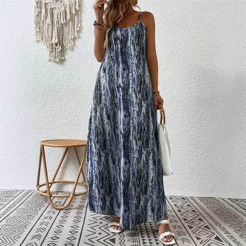 Vestido Largo Maxi de Tirantes Estampado Abstracto Bohemio para Mujer Sin Mangas Vacaciones Playa Poliéster Spandex Moda Verano