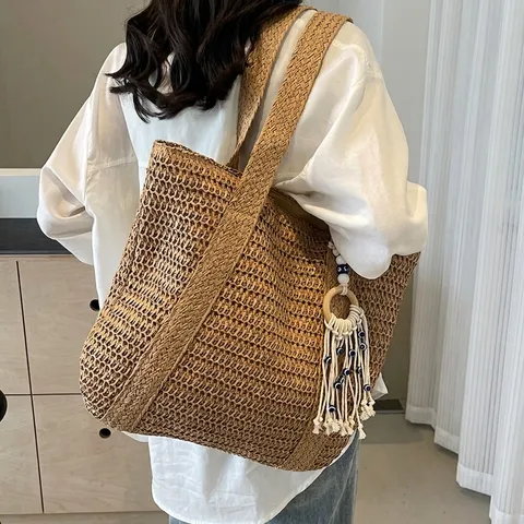 Stroh Einkaufstasche Damen Große Kapazität Sommer Strand Urlaub Schultertasche Mit Evil Eye Quasten Anhänger Hohl Design