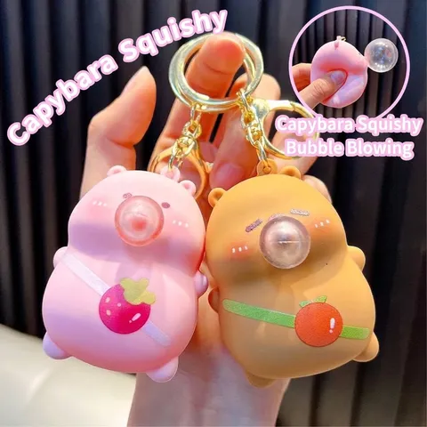 Portachiavi Squishy Capibara Soffio di Bolle Antistress in Morbido PVC Animale Cartone Animato Ciondolo per Borsa Auto Anello per Bambini Adulti Regalo