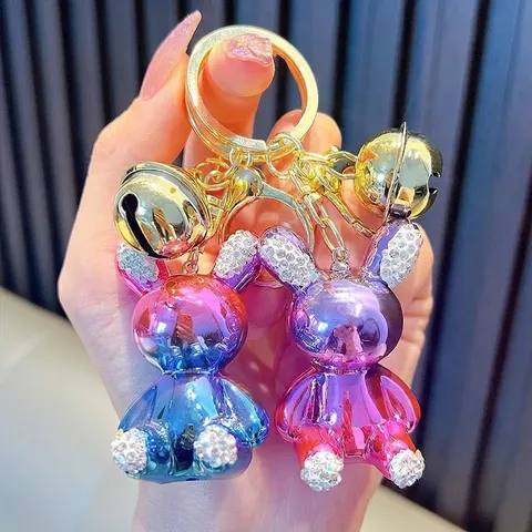 Colorful Gradient Mirror Rabbit Keychain Cute Cartoon Rhinestone Inlaid Mirror Rabbit Car Bag Pendant Accessory Jewelry Gift