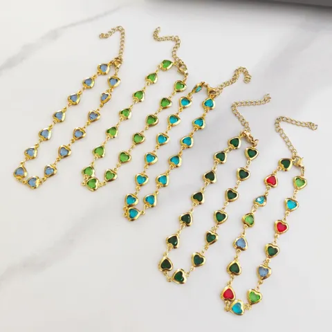 Stainless Steel Heart Anklet For Women Colorful Rhinestone Heart Shape Adjustable Foot Jewelry Gold Plated Anklet Chain Summer Party Jewelry