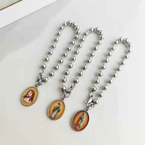 Bracciale Vintage con Ciondolo Religioso in Acciaio Inossidabile Colore Argento Targhetta Ovale Catena a Sfere Per Unisex Gioielli Gesù Vergine Maria