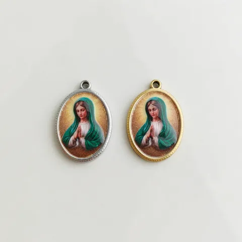 Colgante Ovalado con Retrato de la Virgen María Impreso en 3D de Acero Inoxidable para Fabricación de Joyas Religiosas