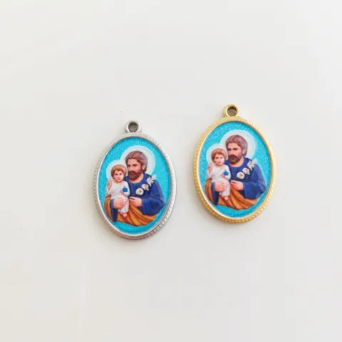 Pendentif en Relief 3D en Acier Inoxydable St Joseph Et L'enfant Jésus Charme Religieux Ovale Pour la Fabrication de Bijoux DIY
