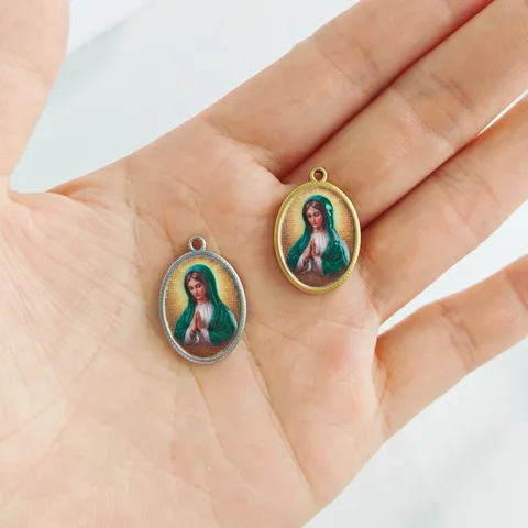 Colgante Ovalado con Retrato de la Virgen María Impreso en 3D de Acero Inoxidable para Fabricación de Joyas Religiosas