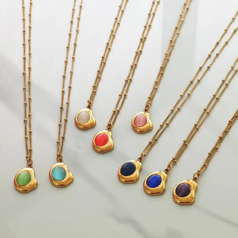 Vintage 18K Gold Plated Stainless Steel Bean Pendant Necklace For Women Retro Organic Lava Stone Inlaid Satellite Chain