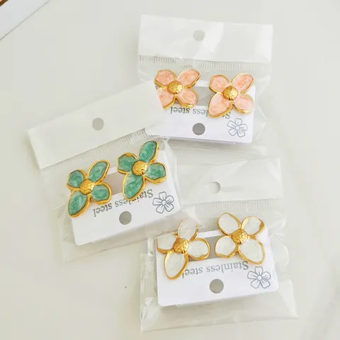 Vintage Palace Four Petal Flower Stud Earrings For Women Stainless Steel Enamel Earrings Elegant Drip Glaze Jewelry Gift