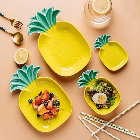 Nordic Creative Pineapple Shaped Ceramic Tableware Porcelain Fruit Salad Plate Decorative Dessert Bowl Colored Glaze Yellow Green Serving Dish For Home Kitchen Dining