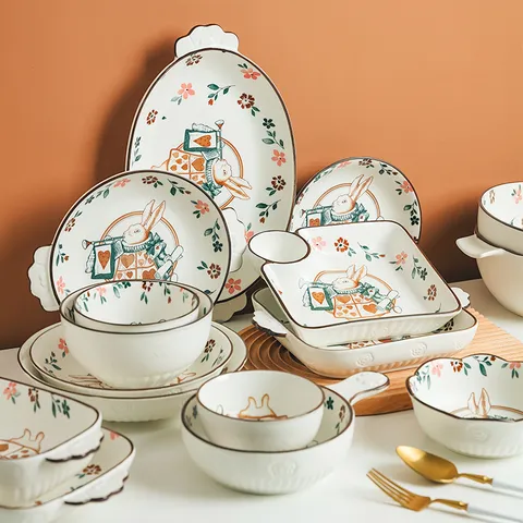 Japanese Creative Ceramic Dinnerware Set Earl Rabbit Pattern Porcelain Bowls Plates Microwave Safe Cute Kitchen Tableware Gift