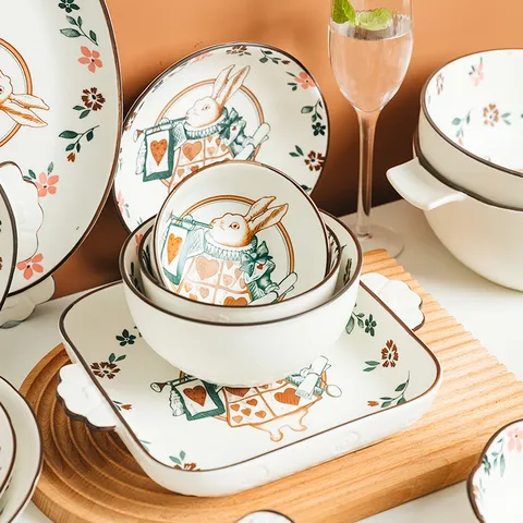 Japanese Creative Ceramic Dinnerware Set Earl Rabbit Pattern Porcelain Bowls Plates Microwave Safe Cute Kitchen Tableware Gift