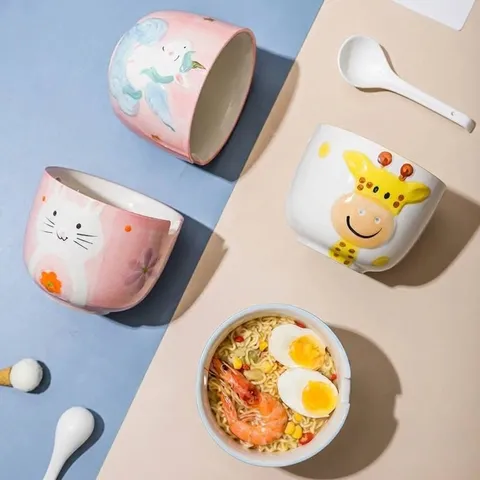 Japanese Style Cartoon Ceramic Noodle Bowl With Chopstick Hole Cute Cat Rabbit Unicorn Pattern Porcelain Soup Salad Bowl With Chopsticks