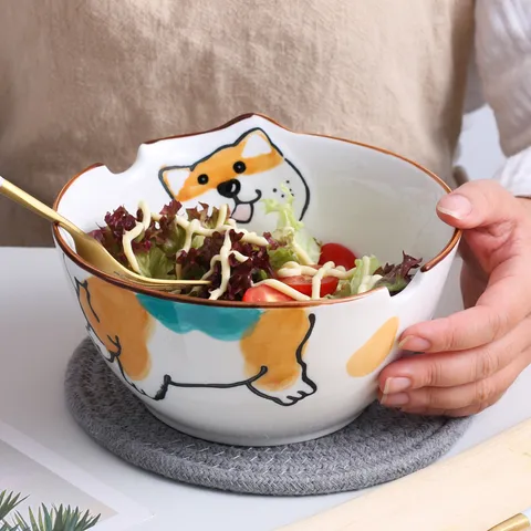 Japanese Style Cartoon Ceramic Noodle Bowl With Chopstick Hole Cute Cat Rabbit Unicorn Pattern Porcelain Soup Salad Bowl With Chopsticks