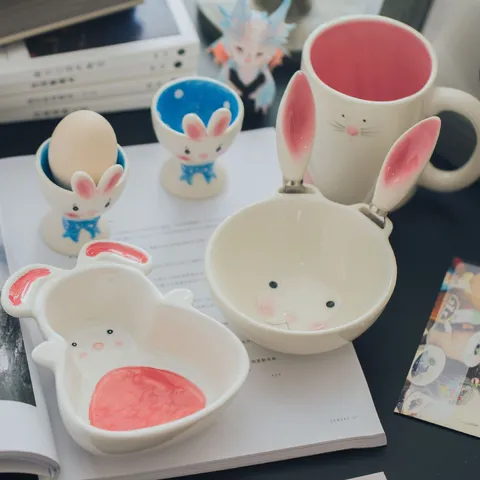 Linda Bowl de Cerámica Japonesa Vajilla de Porcelana Creativa Dibujos Animados Conejo Col Pato Bowl de Postre para Cocina Hogar