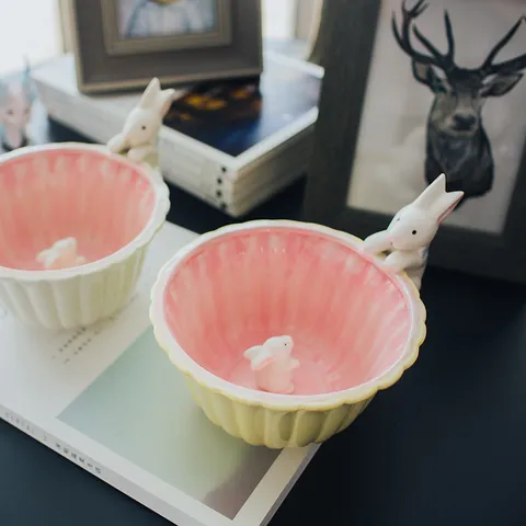 Linda Bowl de Cerámica Japonesa Vajilla de Porcelana Creativa Dibujos Animados Conejo Col Pato Bowl de Postre para Cocina Hogar