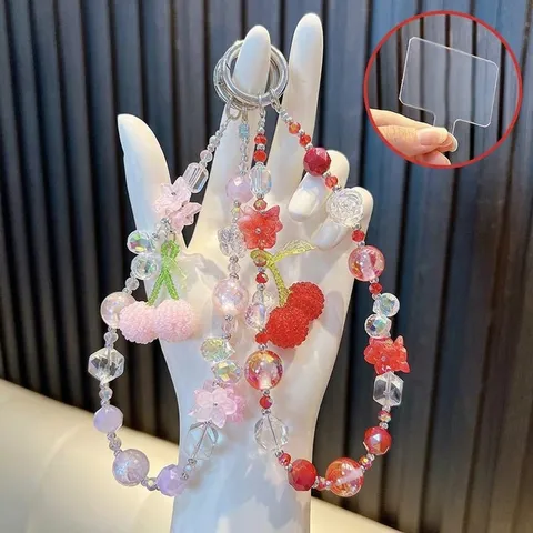 Sweet Cherry Beaded Phone Chain Acrylic Crystal Flower Bag Charm Anti-Lost Phone Lanyard With Gasket Keychain For Women Girls